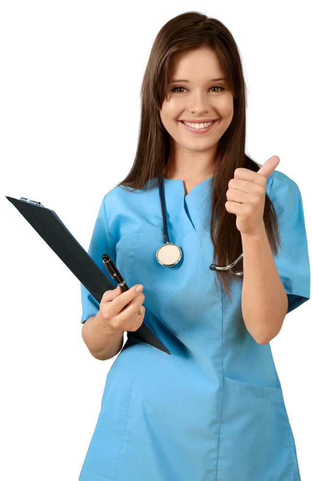 Young Nurse with Thumb up Holding Clipboard - Isolated